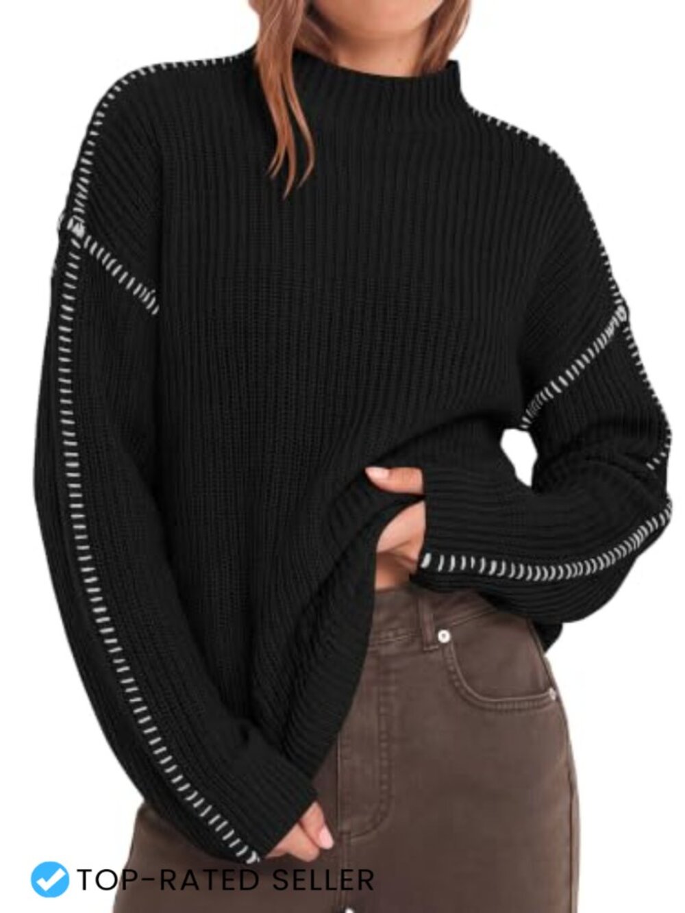 Women Chunky Knit Oversized Sweater Mock Neck Drop Shoulder Ribbed Pullover